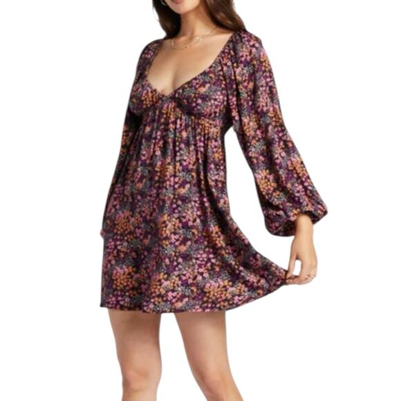 NWT Roxy Sweetest Shores Dress Dark Floral Ballon Sleeve Size XL - Picture 1 of 9